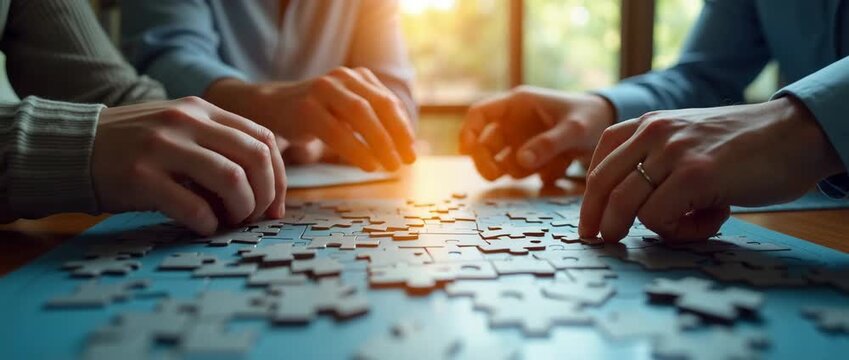 Hands collaborate over a puzzle in warm sunlight, pieces shifting as the camera gently pans, capturing teamwork and strategy in a cinematic, serene setting with ambient light flicker.