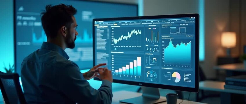 Business professional analyzes dynamic financial data on a large monitor, with a slow camera pan capturing ambient office lighting, in a cinematic, modern workspace setting.