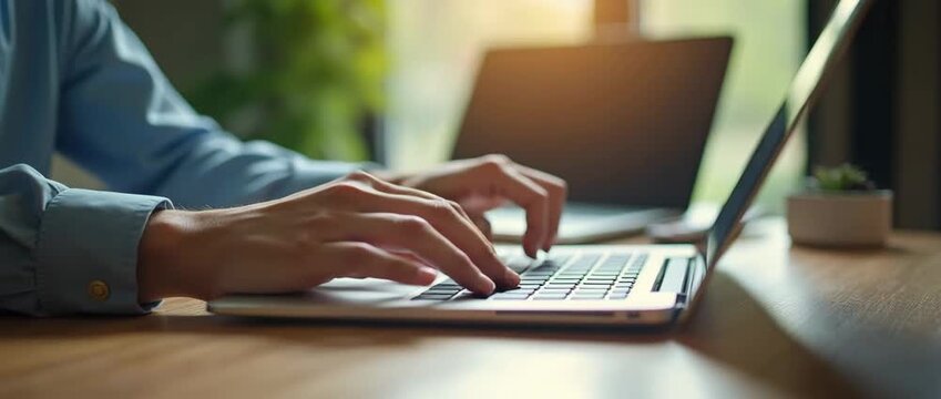 Professional hands type on a laptop in a sunlit office, as the camera gently pans, capturing ambient light flickers; a cinematic, productivity-focused scene ideal for business visuals.