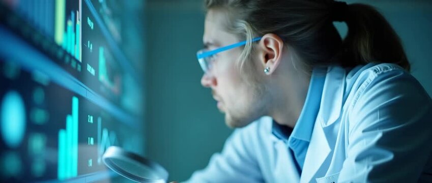 Scientist examines data on digital screen, magnifying glass in hand, as camera slowly pans across futuristic laboratory, with gentle flickering lights in a cinematic style.