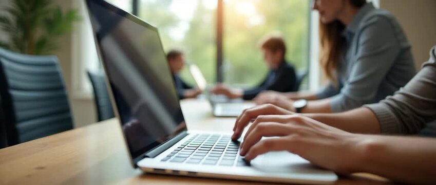 Focused professionals typing on laptops in a modern office, with a cinematic slow pan and gentle sunlight streaming through windows, creating a dynamic, collaborative workspace atmosphere.