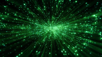 A vibrant burst of green particles radiates outward, creating a dynamic and energetic visual effect on a dark backdrop