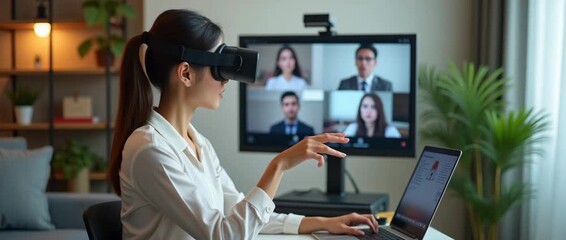 Woman explores virtual reality in modern office, interacting with laptop while video call features in background; camera gently pans, capturing dynamic digital workspace. Cinematic style. - Powered by Adobe