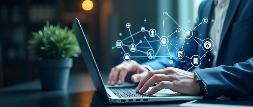 Business professional typing on laptop with floating digital icons, steady tracking camera reveals glowing data analytics on desk, cinematic style.