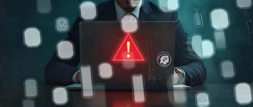 Businessman faced with cybersecurity alert on laptop, red warning symbol glowing; cinematic slow pan across dimly lit office, ambient shadows flicker, conveying digital security breach tension.