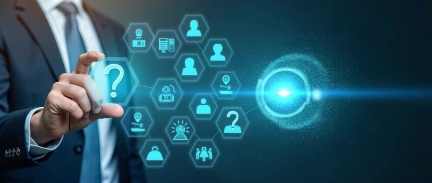 Businessman interacts with floating digital icons in a futuristic interface, camera slowly pans, ambient lighting flickers, creating a cinematic tech innovation and networking scene.