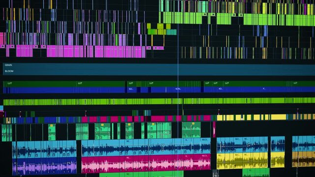 Close-up view of a cinematic video editing timeline interface with multitrack audio and video layers in professional post-production software for filmmaking and content creation