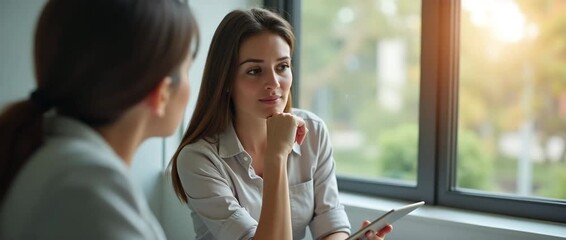 Professional women engaged in thoughtful business discussion at a sunlit office table; camera gently pans, capturing ambient light flicker and serene, focused expressions in a cinematic style.