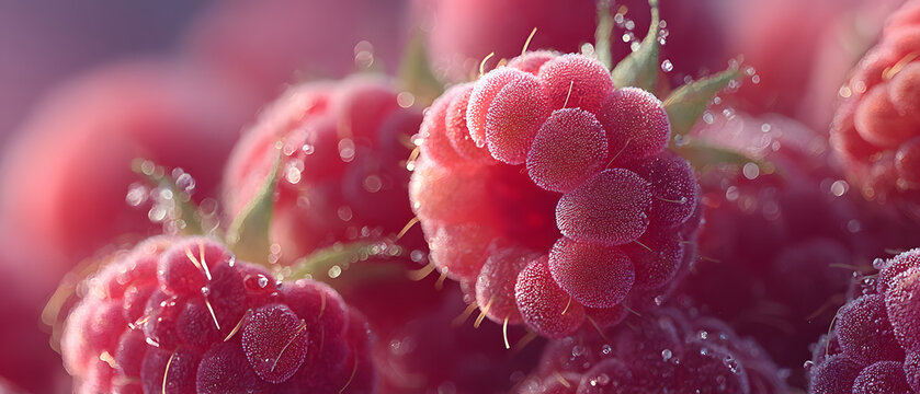 Berry Bliss: A close-up shot of vibrant, ripe raspberries, their delicate textures and juicy surfaces glistening with tiny droplets of freshness.