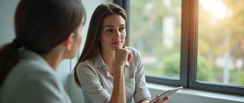 Professional women engaged in thoughtful business discussion at a sunlit office table; camera gently pans, capturing ambient light flicker and serene, focused expressions in a cinematic style.