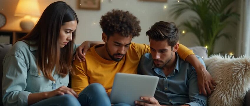 Concerned friends gather around a tablet, deep in discussion; a slow pan reveals a cozy living room with ambient light flickers, creating a cinematic, introspective atmosphere.