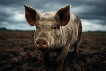 AI generated Close-up of a muddy pig standing in a field under dramatic overcast sky with soft natural lighting. The pig eyes make an intense connection creating a moody atmosphere.