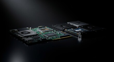 Computer Motherboard and Components on Dark Background.