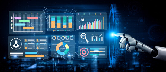 A visual representation of a futuristic AI dashboard featuring data analytics and interactive graphs being manipulated by a robotic hand in a modern digital space. Gantry