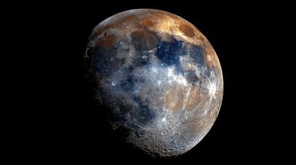 Obraz premium A vibrant, close-up celestial view of the moon, with its textured surface, detailed craters, and a mix of colors
