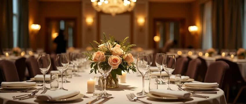 Elegant banquet hall setup with floral centerpiece, gentle candle flicker, and slow camera pan, showcasing luxurious dining ambiance in cinematic style.