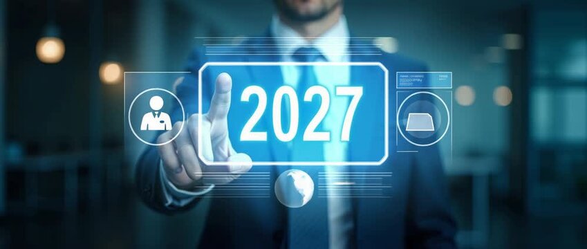Business professional confidently taps futuristic digital interface displaying 2027, as the camera slowly pans in a modern office setting with ambient lighting shifts; cinematic style.