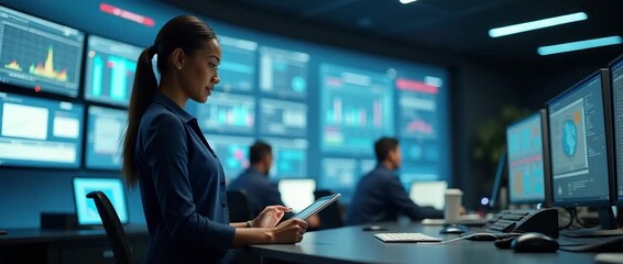 Professional woman analyzing data on tablet in modern control room; slow pan reveals digital screens with charts; ambient lighting flickers; cinematic, tech-focused atmosphere. - Powered by Adobe