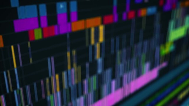 Close-up view of a cinematic video editing timeline interface with multitrack audio and video layers in professional post-production software for filmmaking and content creation