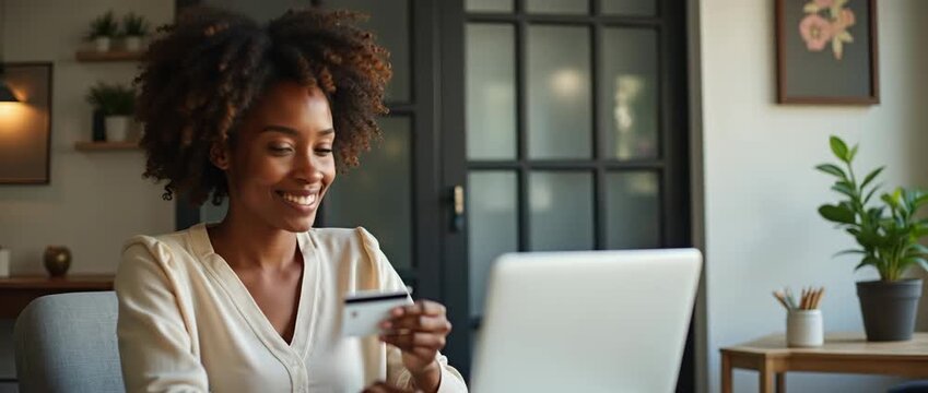 Confident woman shopping online with credit card, smiling at laptop screen; camera slowly pans across modern home office; ambient light flickers gently, creating a warm, inviting atmosphere.