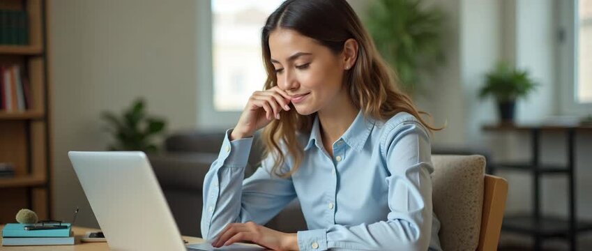 Professional woman smiling while typing on a laptop in a bright office; gentle ambient motion as leaves sway outside; camera slowly pans for a cinematic, productive atmosphere.