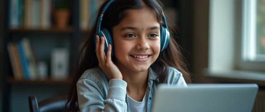 Young girl enjoying music with headphones at home, smiling as gentle sunlight filters through the window, books softly blurred in the background; cinematic slow pan for a serene, focused ambiance.