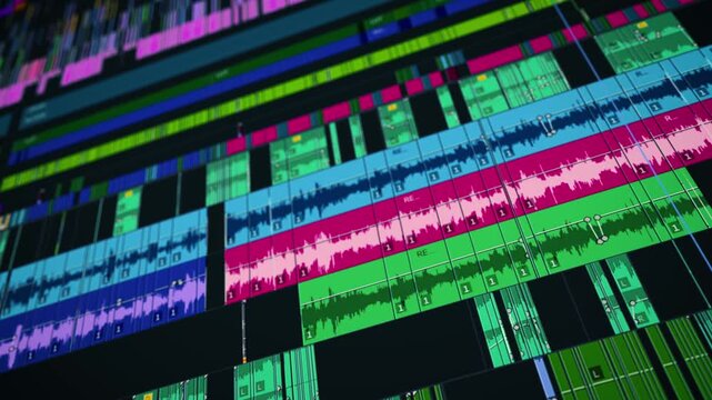 Close-up view of a cinematic video editing timeline interface with multitrack audio and video layers in professional post-production software for filmmaking and content creation