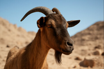 AI generated close-up image of a goat in a desert with a rocky backdrop under bright sunlight, highlighting its details and natural environment.