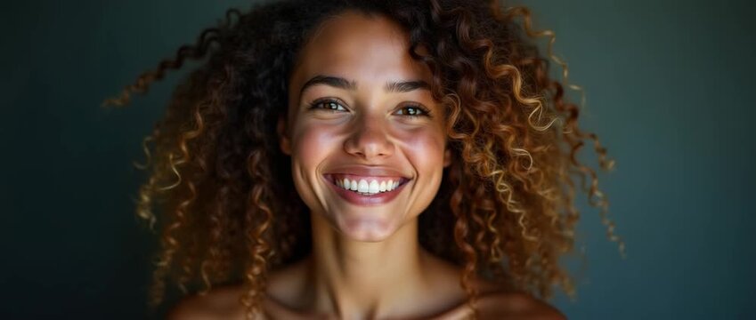 Joyful young woman smiling warmly as her curls gently sway; the camera slowly pans across her face, capturing the vibrant, authentic energy in a serene, cinematic style.