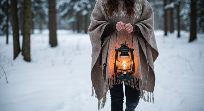 A woman in a winter forest, holding a warm lantern