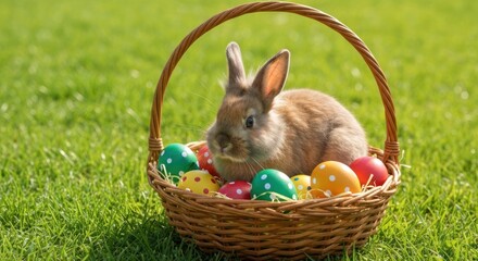 Adorable bunny in a wicker Easter basket filled with colorful eggs nestled in vibrant green grass