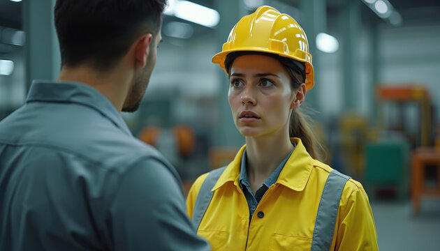 Woman industrial worker in yellow hard hat talks to male colleague in factory. Female employee looks concerned facing coworker at manufacturing plant. People work on production line.