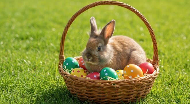 Adorable bunny in a wicker Easter basket filled with colorful eggs nestled in vibrant green grass - Powered by Adobe