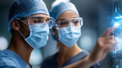 Doctors in scrubs and face masks use a transparent touchscreen display, symbolizing innovation in modern medicine. The scene highlights digital transformation in healthcare settings - Powered by Adobe