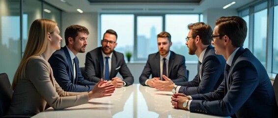 Professional business team engaged in animated discussion around a conference table, camera slowly pans across the modern office setting, capturing dynamic teamwork in a cinematic style. - Powered by Adobe