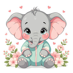 Cute Baby Elephant in Pajamas with Flowers and Hearts