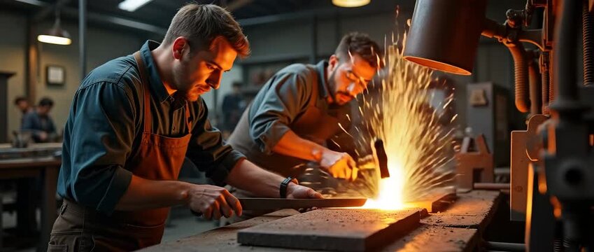 Skilled craftsmen forge metal with sparks flying in a bustling workshop, as the camera smoothly tracks across the scene, capturing the cinematic glow and dynamic energy of industrial artistry.