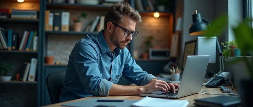 Focused professional typing on laptop in a modern office, with digital interface elements gently animating; camera pans slowly for a cinematic, tech-driven ambiance.