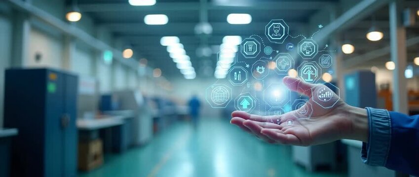 Futuristic technology interface hovers above a hand in a modern factory, with digital icons animating; camera slowly pans through the industrial setting, cinematic and innovative.