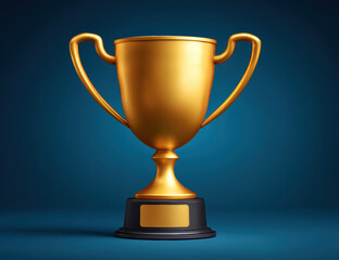 Golden trophy cup with sharp edges on black base against blue background, conveying victory and achievement with dramatic lighting and high fidelity detail