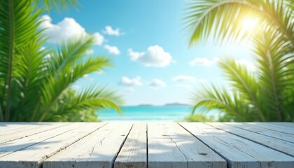 Wooden table on bright tropical beach. Green palm leaves frame sunny blue sky over calm ocean. Exotic island backdrop, seaside vacation scene.