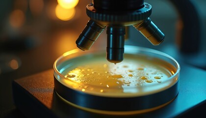 Microscope observes liquid in petri dish. Scientific research explores cells. Medical lab analysis shows growth. Healthcare advancement uses technology for discovery.