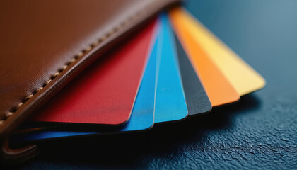 Brown leather wallet holds multiple colorful credit cards. Plastic payment cards in red blue black orange yellow hues. Financial access for purchases.