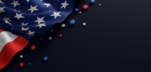 4th of july usa Independence banner design of american flag on dark blue background with copy space 3D render