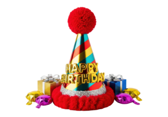 Ultra-detailed studio macro shot of a glossy, striped party hat with 'happy birthday' text and glittered velvet trim, surrounded by gifts on a transparent background. Birthday celebration atmosphere