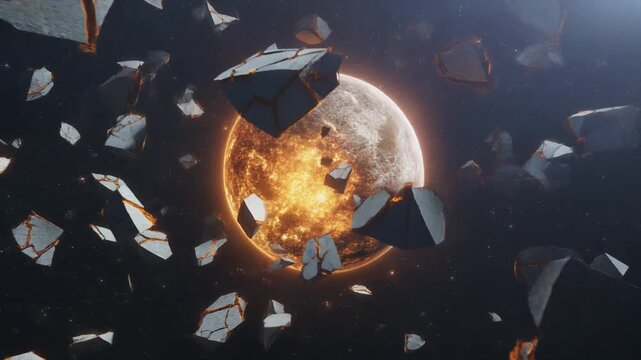 Dynamic visual of a sphere shattering into radiant fragments around a glowing core against a deep dark background with intense cinematic contrast