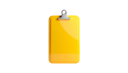 A glossy, yellow clipboard with a silver clip, isolated on a black background