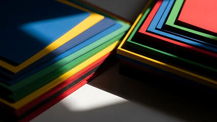 Colorful Stacked Paper Sheets With Sunlight Shadows.