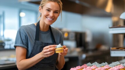 A cheerful woman in an apron skillfully adds finishing touches to cupcakes in a bright, contemporary bakery. The kitchen background highlights her passion for baking and attention to detail