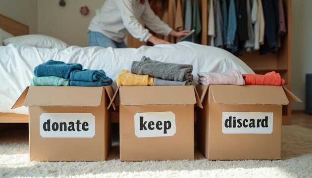 Three boxes labeled Donate, Keep, Discard are set up for clothes sorting in a bedroom. A person sorts clothes deciding what to keep, give away, or throw out. Home organization for decluttering.